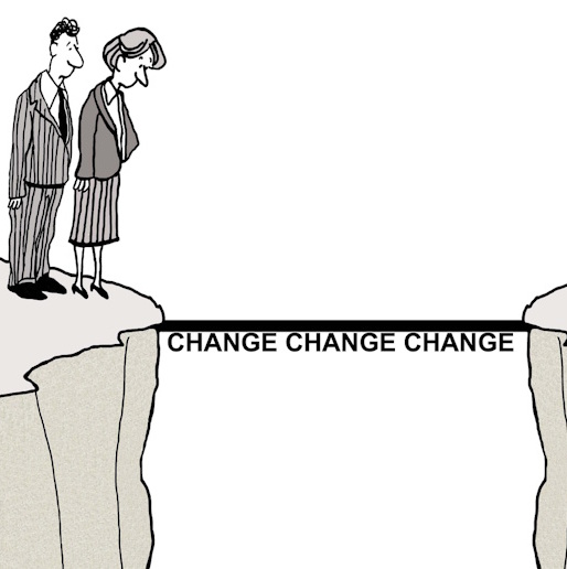Cartoon of two executives looking reluctant to cross a bridge labeled 'change'