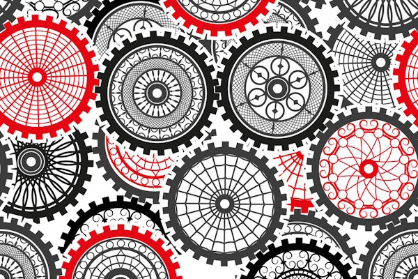 Illustration with machine gears of many designs fitting together