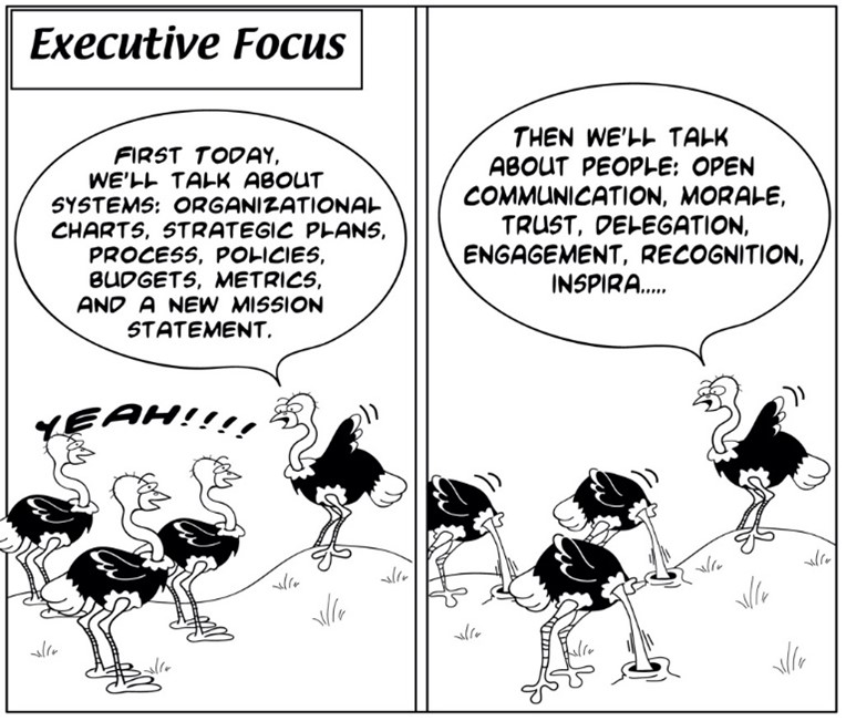 Cartoon of ostriches putting their heads in the sand when asked to focus on people issues