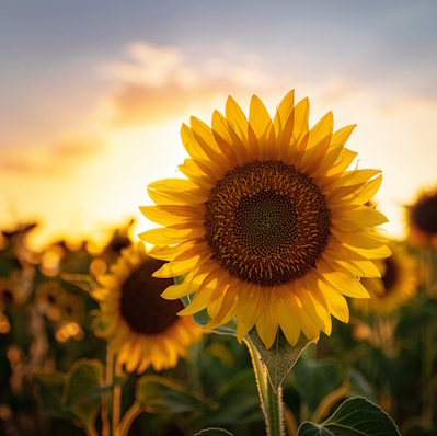 Large sunflower with a sunrise in the background